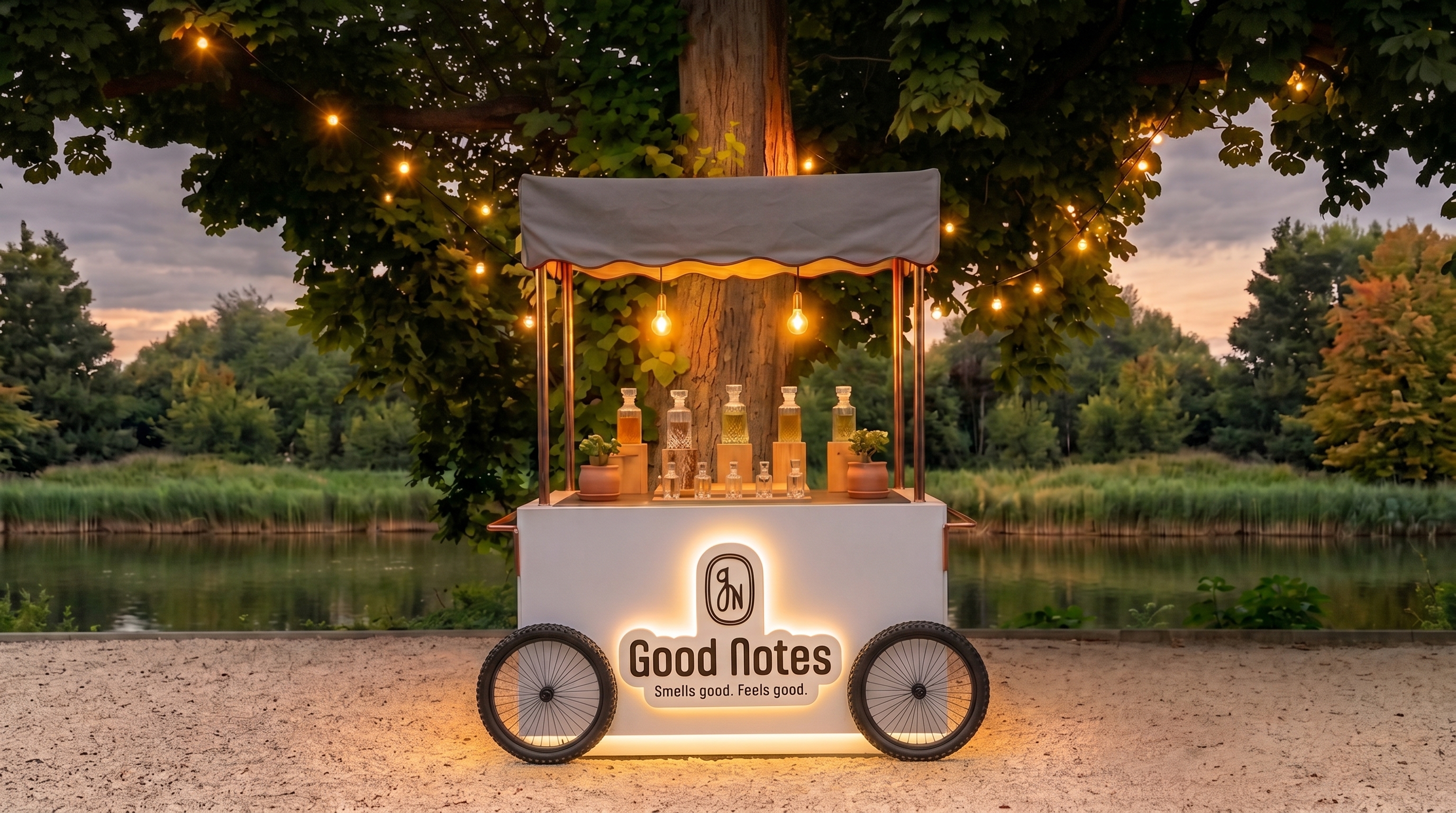 Good Notes scent bar cart in a sunlit courtyard
